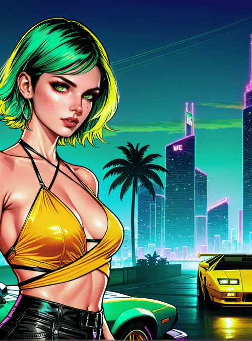 woman, palm tree, car, cityscape, neon sign