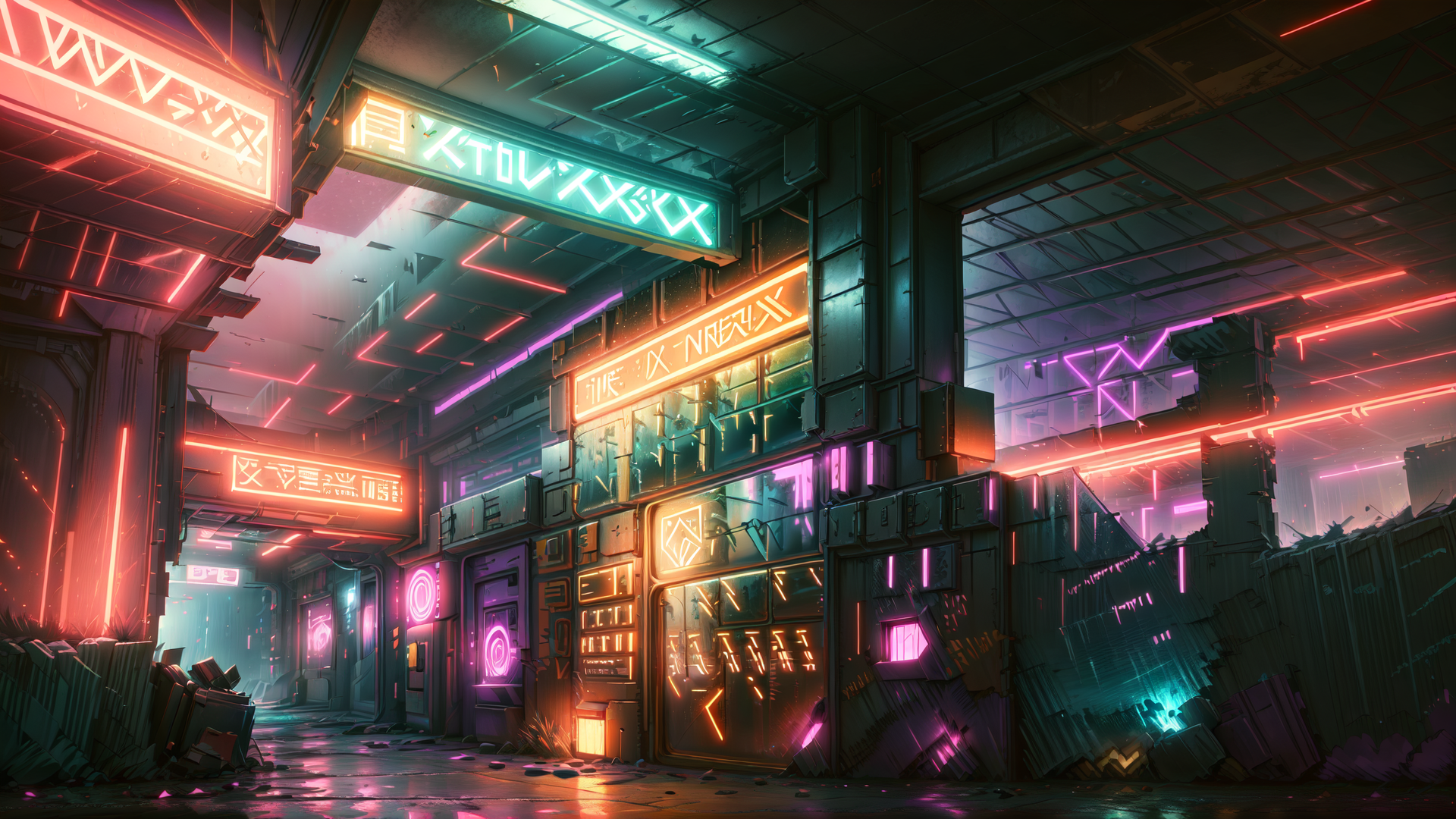 AI generated wallpaper featuring neon, cyberpunk, building, street, sign, structure, ruins, lights, wall, door