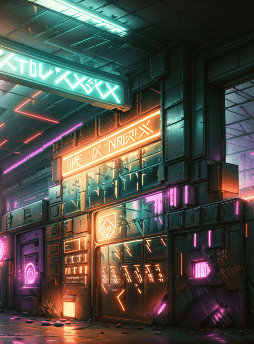 neon, cyberpunk, building, street, sign, structure, ruins, lights, wall, door
