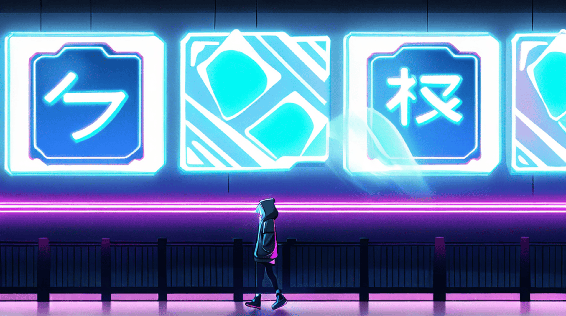 AI generated wallpaper featuring person, neon signs
