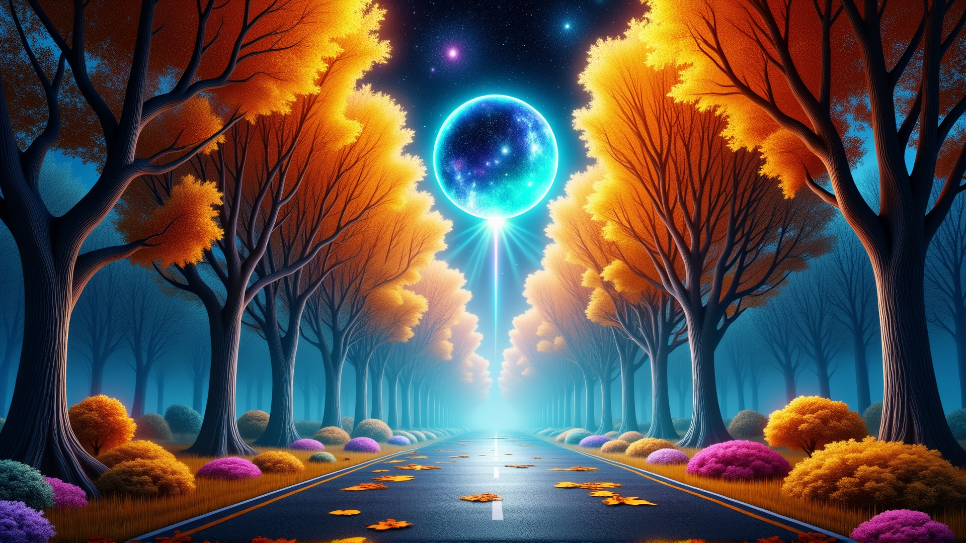 AI generated wallpaper featuring trees, road, planet
