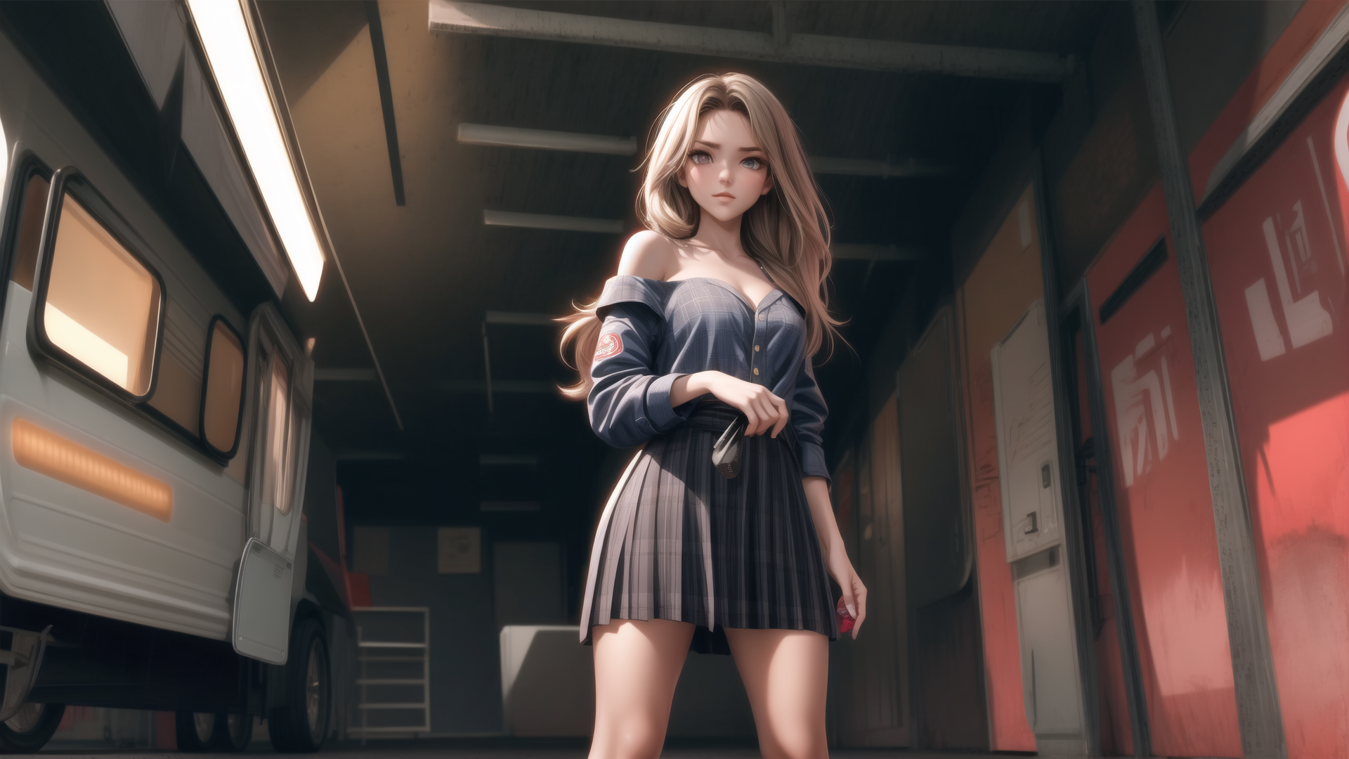 AI generated wallpaper featuring woman, bus, garage, skirt, blouse, key, poster, light, ladder, window