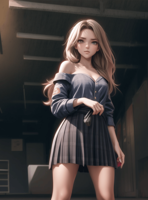 woman, bus, garage, skirt, blouse, key, poster, light, ladder, window