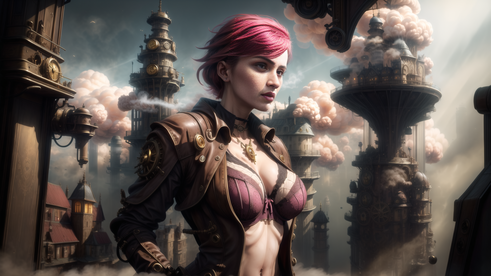 AI generated wallpaper featuring woman, steampunk, city