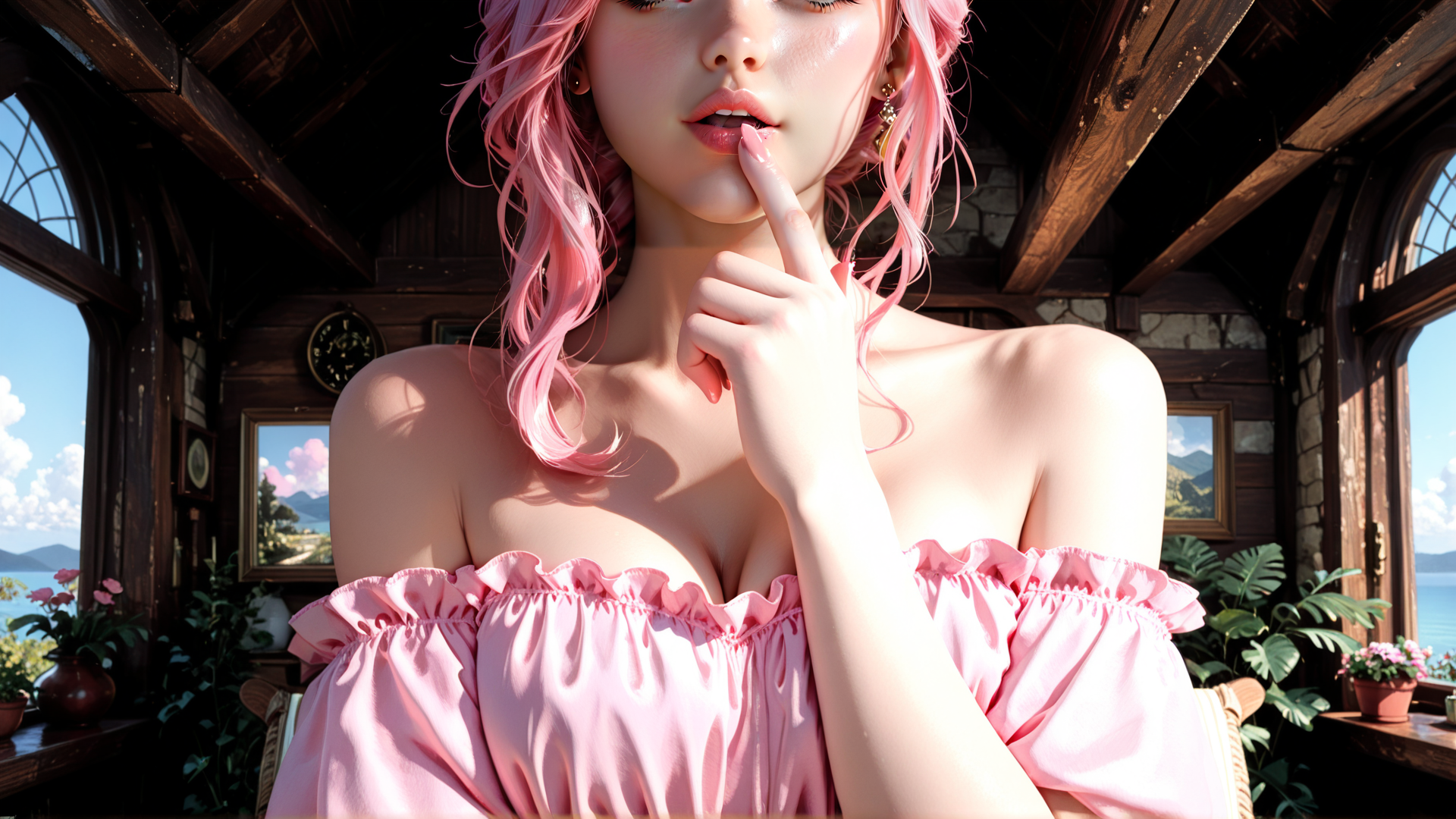 AI generated wallpaper featuring woman, pink hair, dress, finger, window