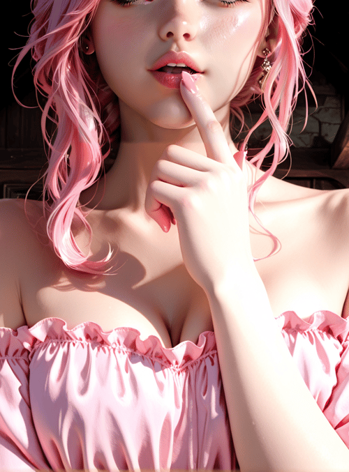 woman, pink hair, dress, finger, window