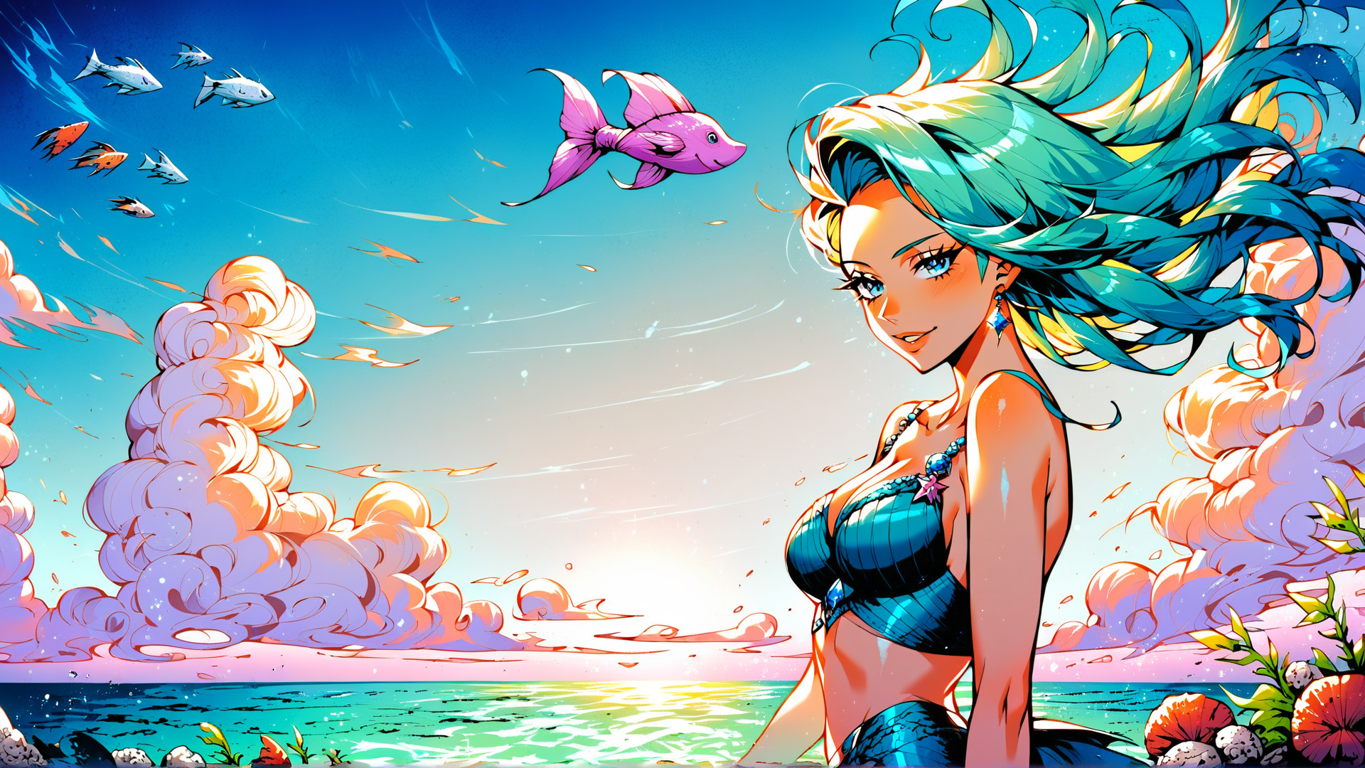 AI generated wallpaper featuring mermaid, fish, cloud, ocean, sun, seashell