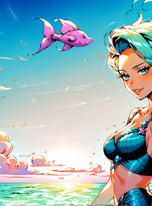 mermaid, fish, cloud, ocean, sun, seashell