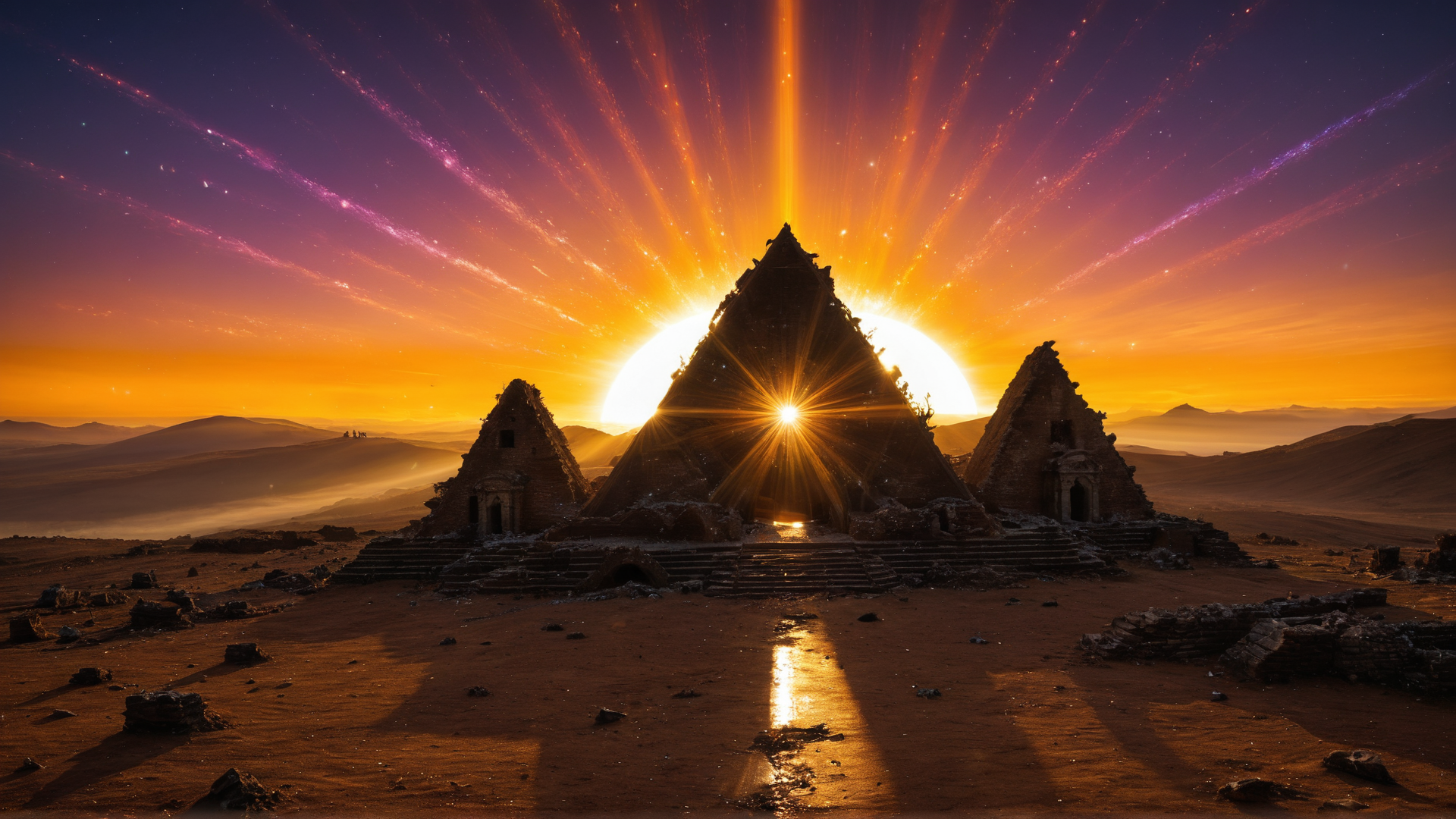 AI generated wallpaper featuring pyramid, desert, sunrise, sky, star