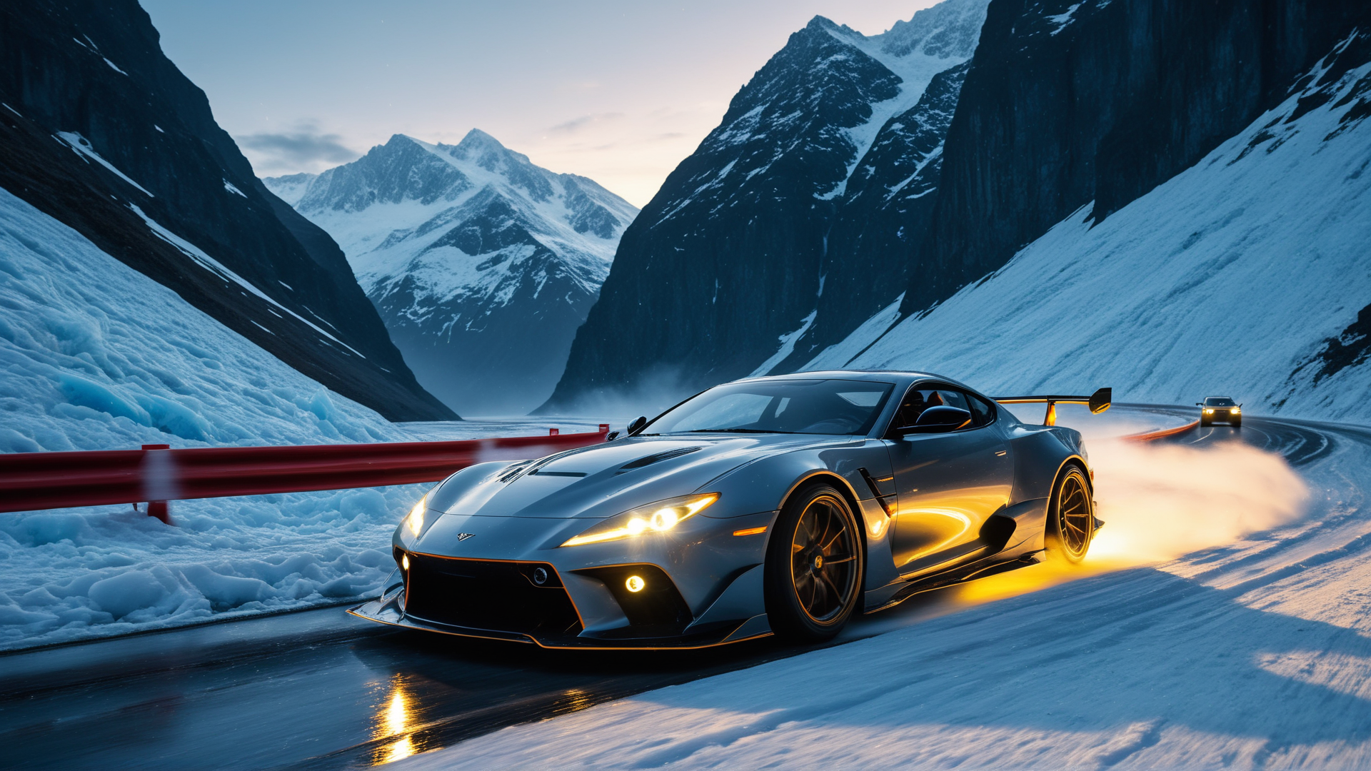 AI generated wallpaper featuring sports car, mountain, snow, road, glacier, car, fence, sunset, cloud, peak