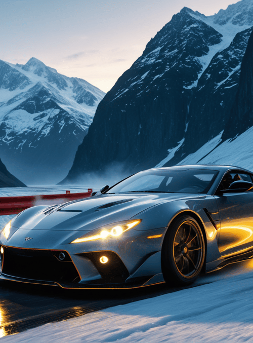sports car, mountain, snow, road, glacier, car, fence, sunset, cloud, peak