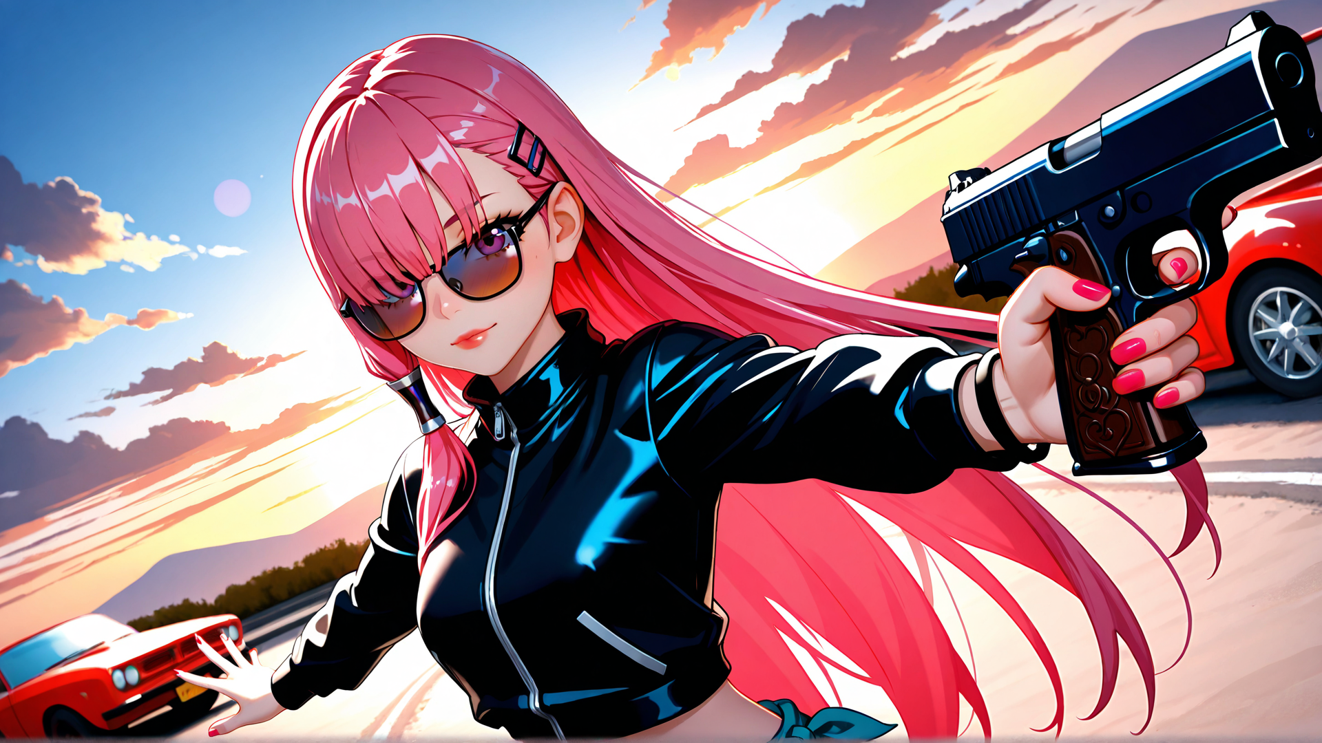 AI generated wallpaper featuring anime girl, gun, cars, sunglasses