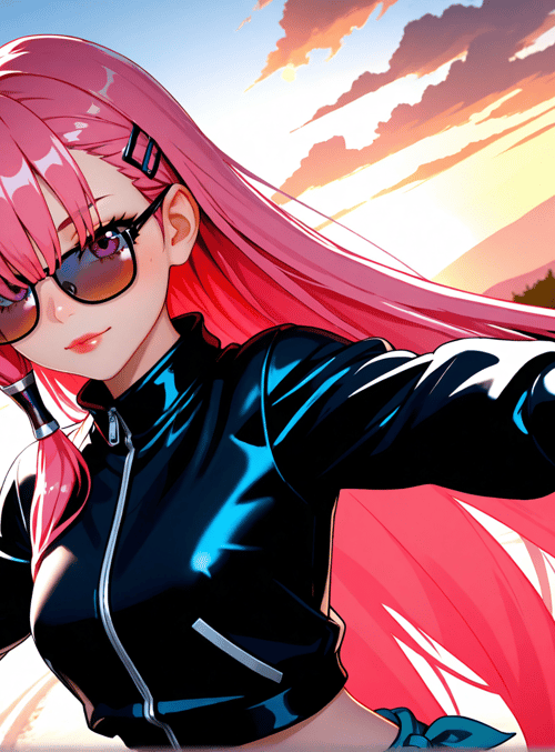 anime girl, gun, cars, sunglasses