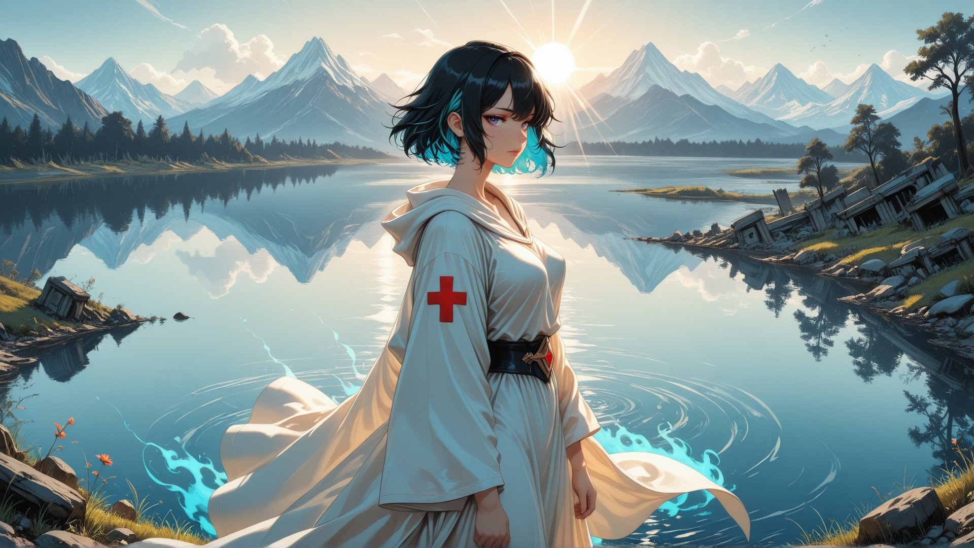 AI generated wallpaper featuring girl, nurse, mountain, lake, sun, trees, ruins