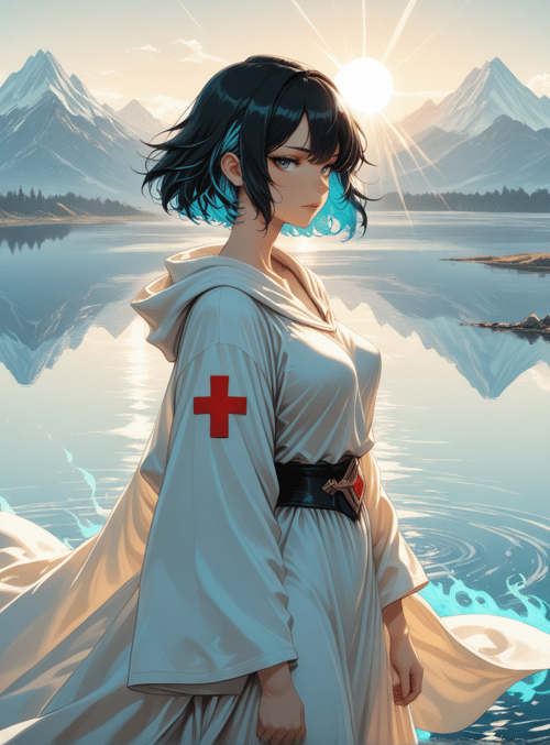 girl, nurse, mountain, lake, sun, trees, ruins
