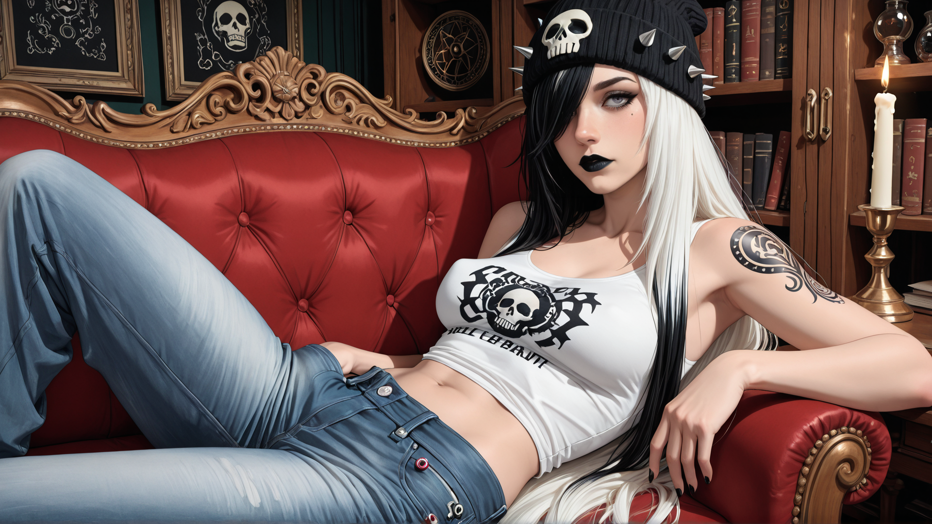 AI generated wallpaper featuring woman, skull, beanie, tattoo, jeans, couch