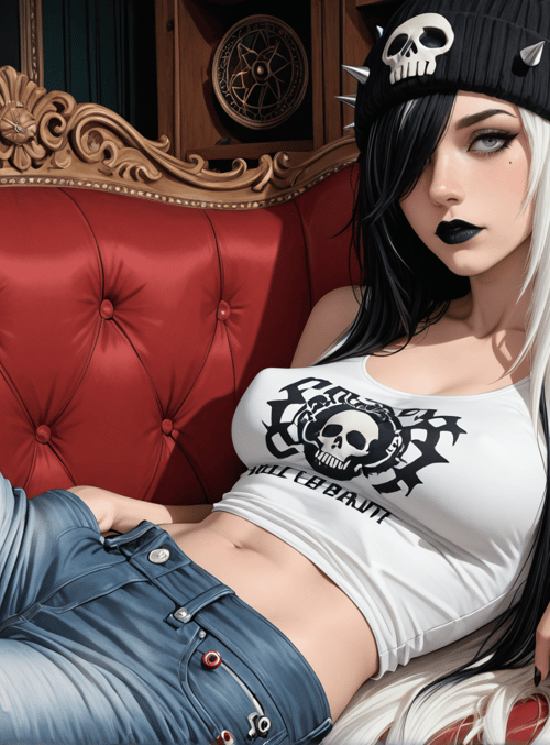 woman, skull, beanie, tattoo, jeans, couch