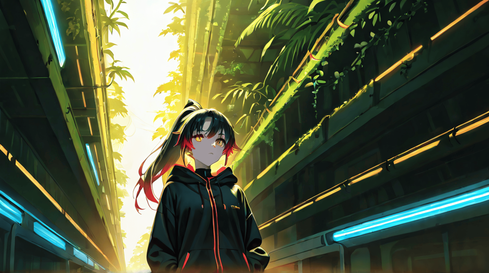 AI generated wallpaper featuring anime girl, urban jungle, neon corridor