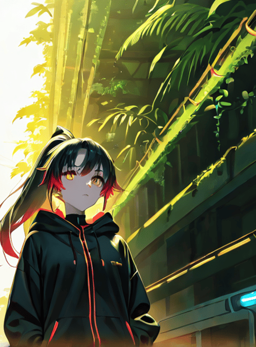 anime girl, urban jungle, neon corridor