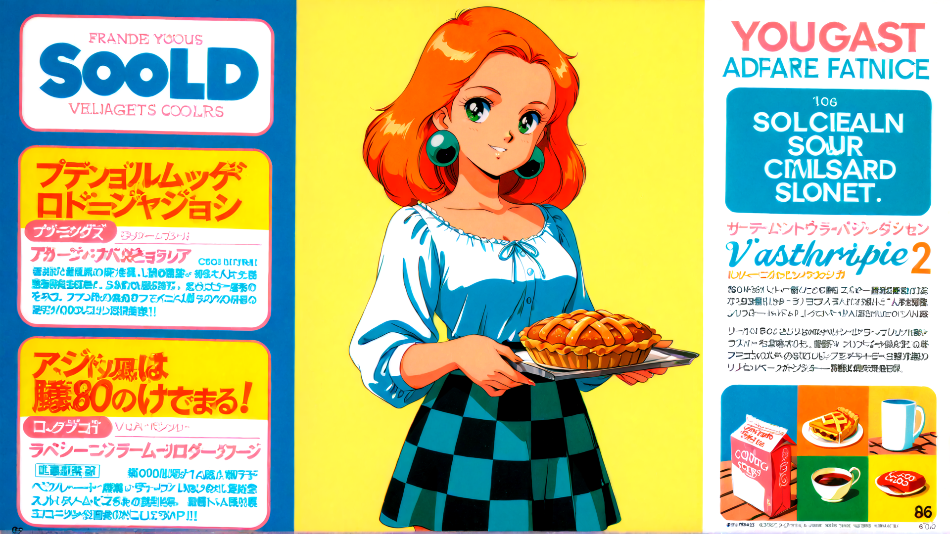 AI generated wallpaper featuring woman, pie, advertisement, cartoon, character, banner, text, logo, food, product