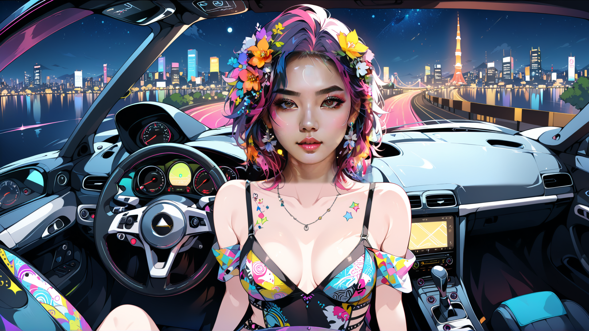 AI generated wallpaper featuring woman, car, city