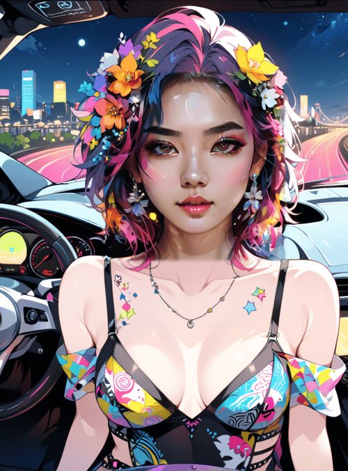 woman, car, city