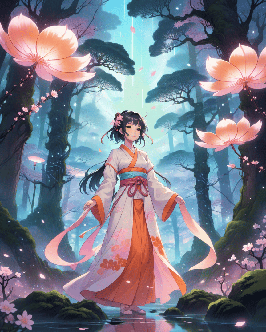 AI generated wallpaper featuring girl, forest, flowers