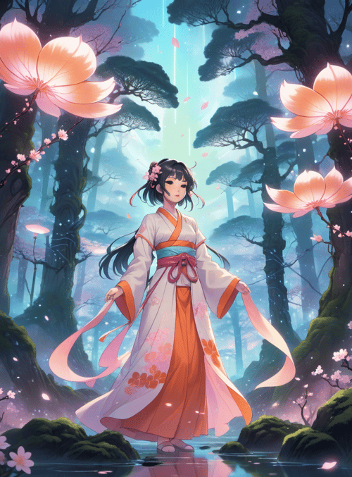 girl, forest, flowers