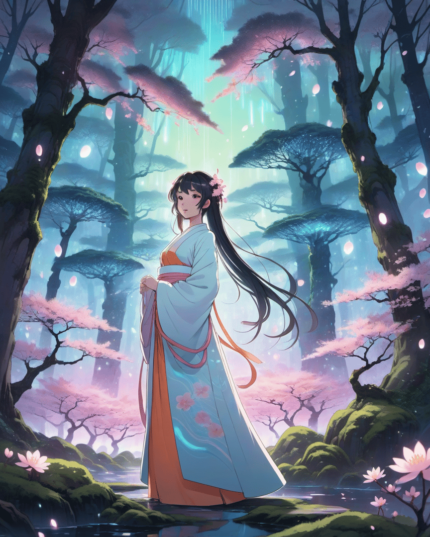 AI generated wallpaper featuring girl, sakura, forest