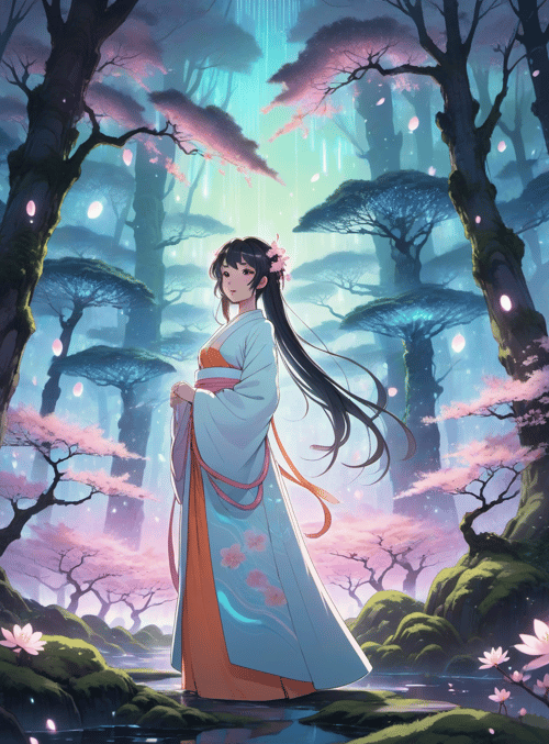 girl, sakura, forest