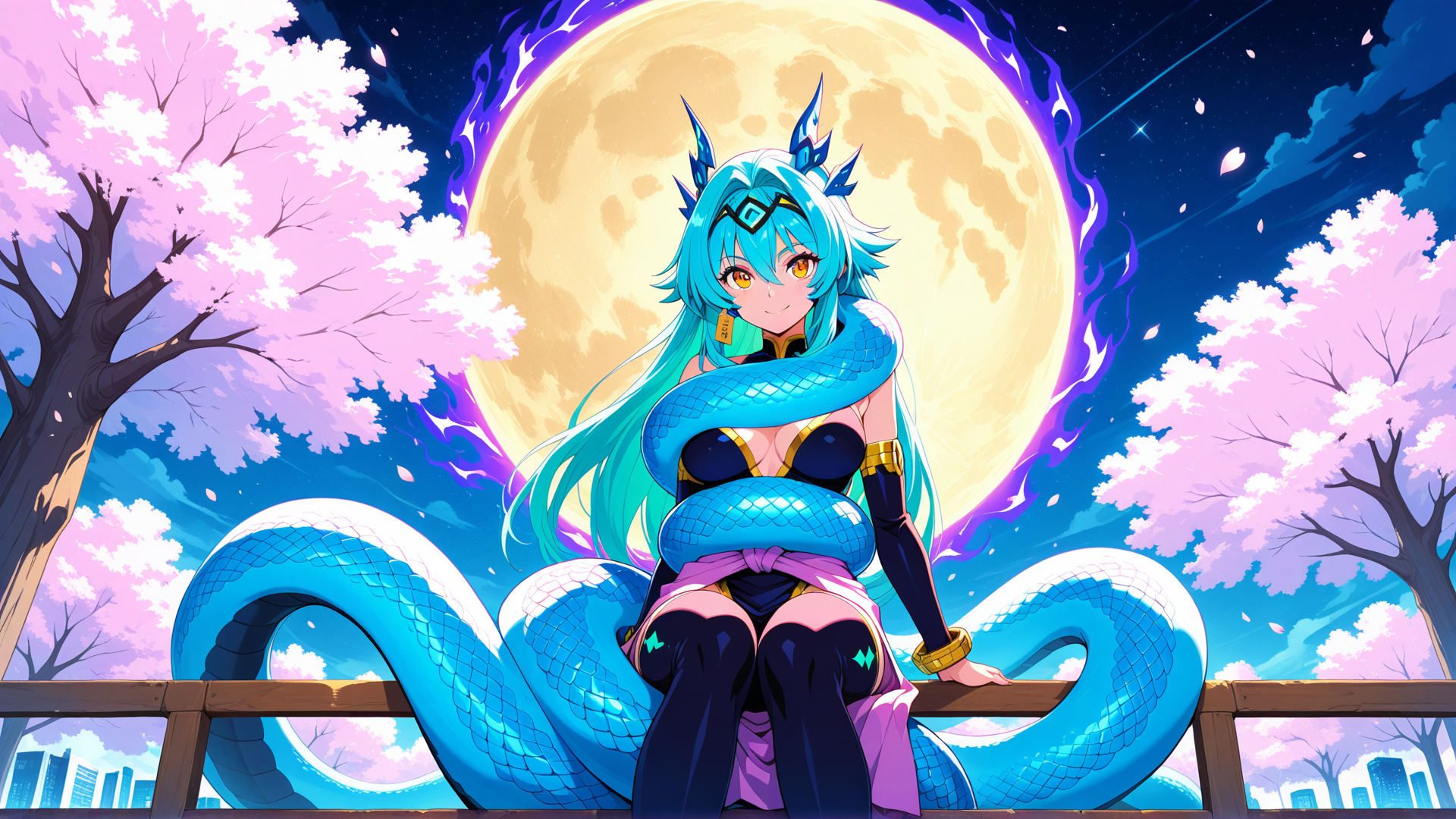 AI generated wallpaper featuring anime girl, blue snake, cherry blossom tree, full moon, fence