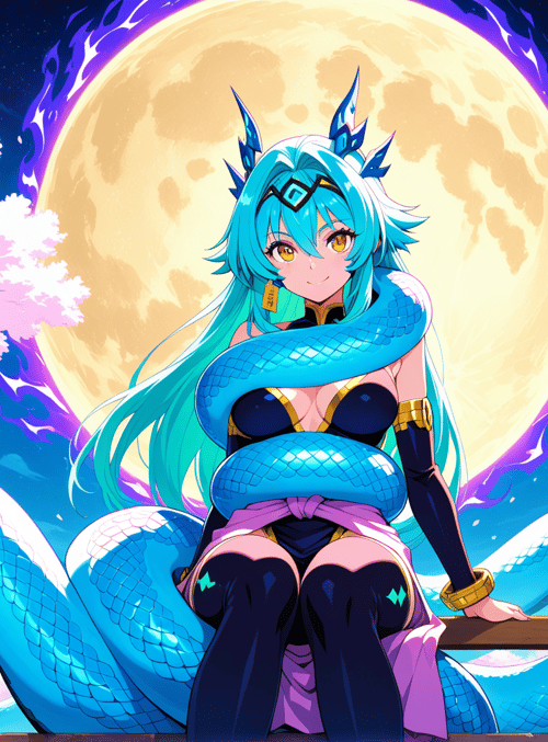 anime girl, blue snake, cherry blossom tree, full moon, fence