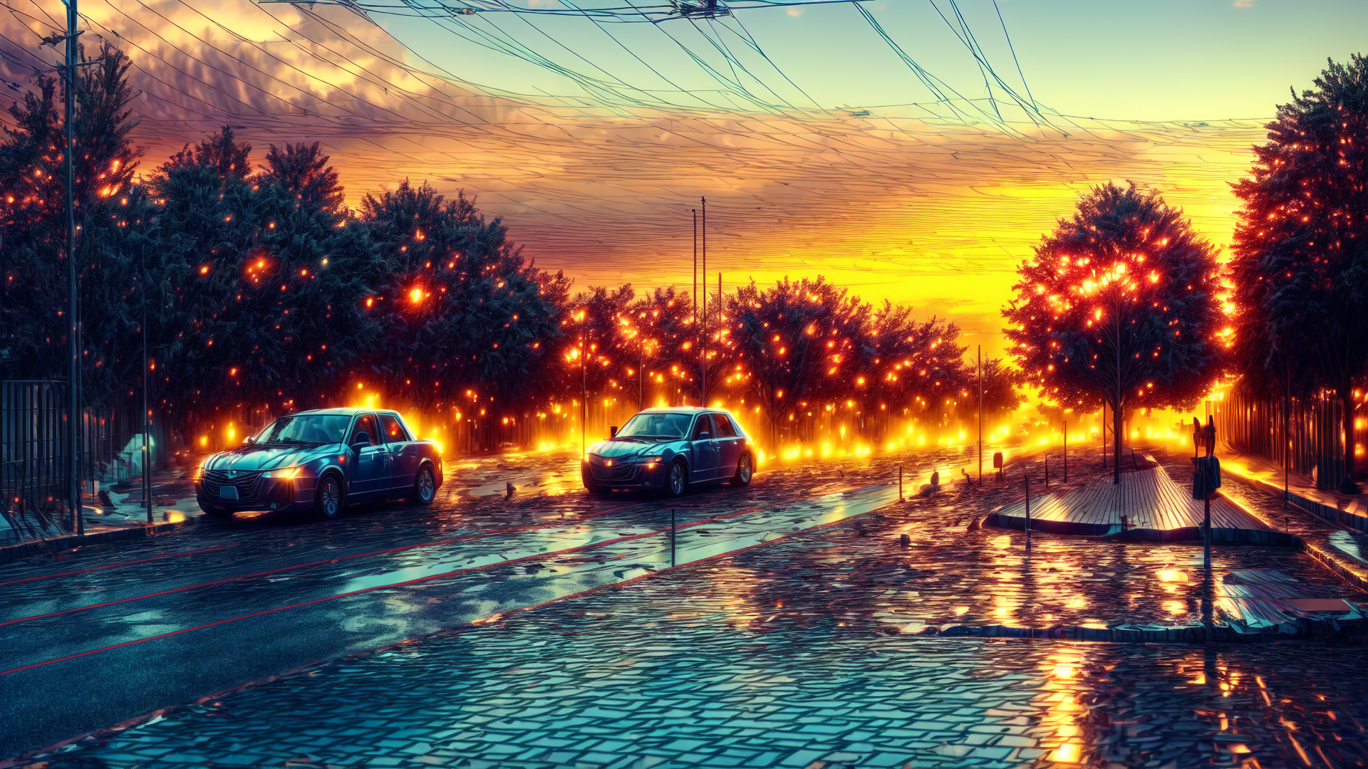 AI generated wallpaper featuring road, cars, trees, streetlights, sunrise, wet pavement, cables, sidewalk