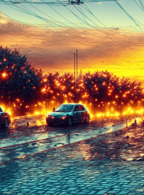road, cars, trees, streetlights, sunrise, wet pavement, cables, sidewalk