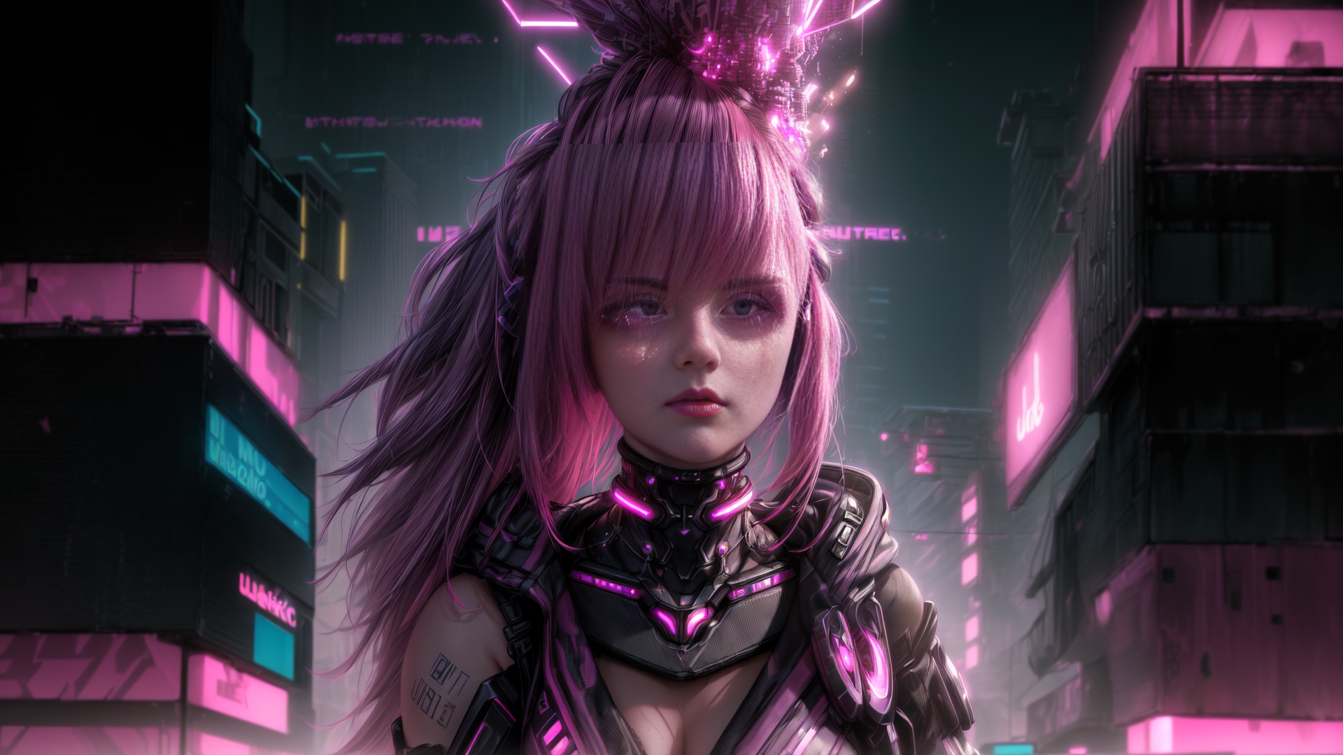 AI generated wallpaper featuring cyborg, girl, neon