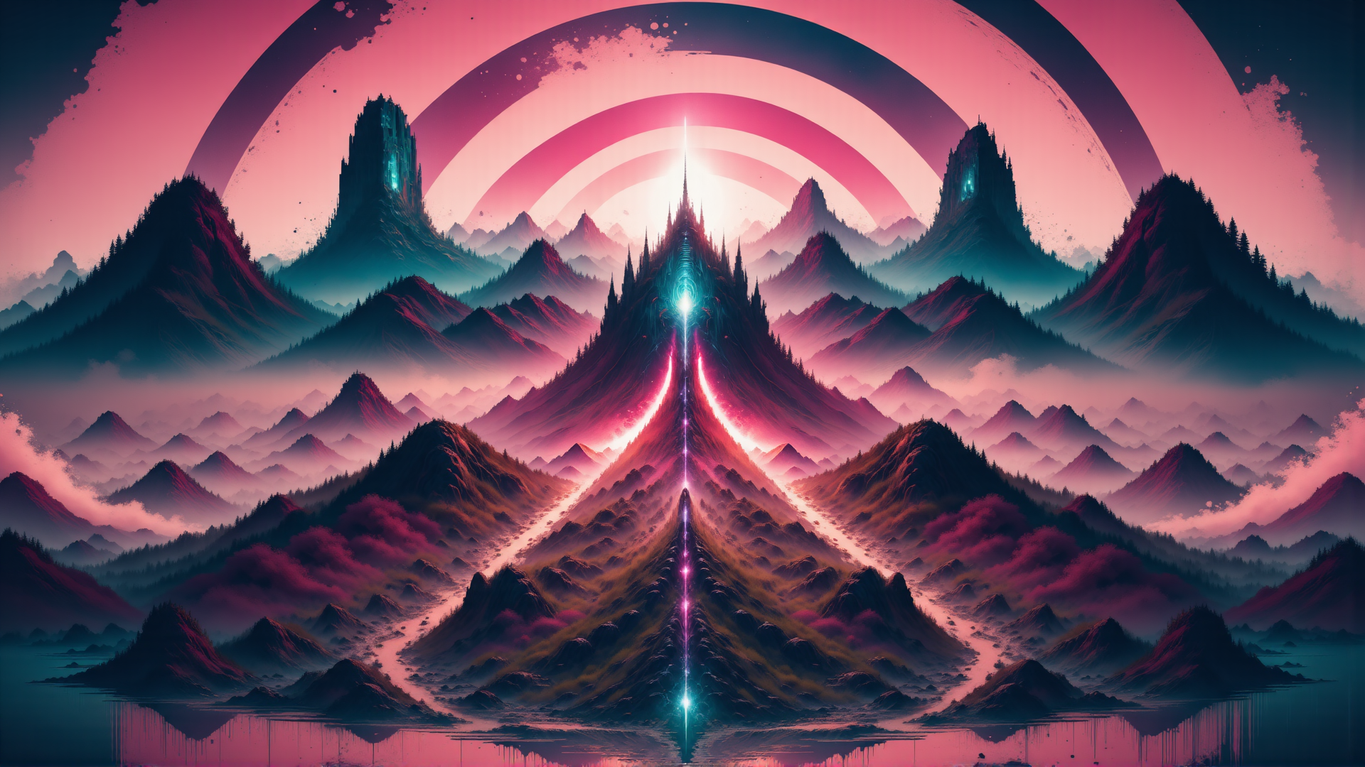 AI generated wallpaper featuring mountains, castle, rings, glowing, landscape, reflection, cathedral, tower, sky, mountain