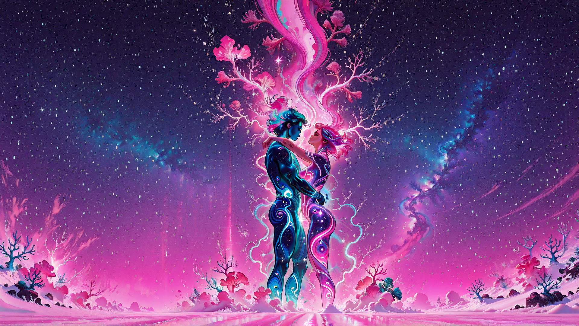 AI generated wallpaper featuring couple, trees, stars, galaxy, water, flowers, nebula