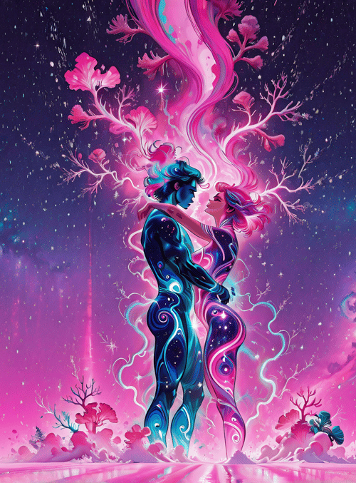 couple, trees, stars, galaxy, water, flowers, nebula