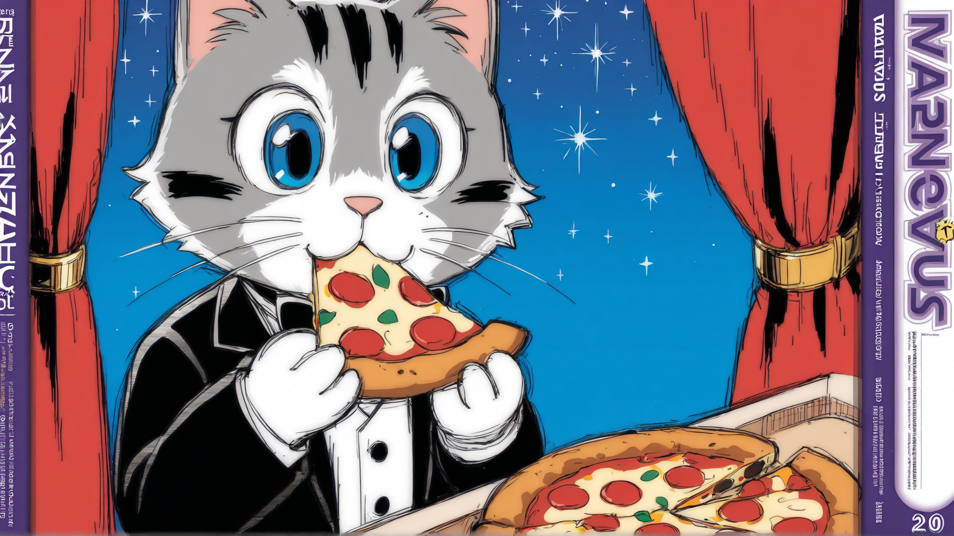 AI generated wallpaper featuring cat, pizza, curtains