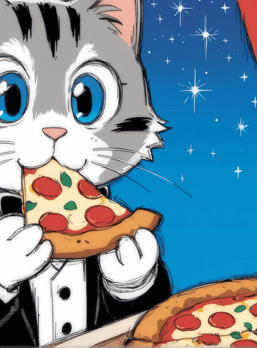 cat, pizza, curtains