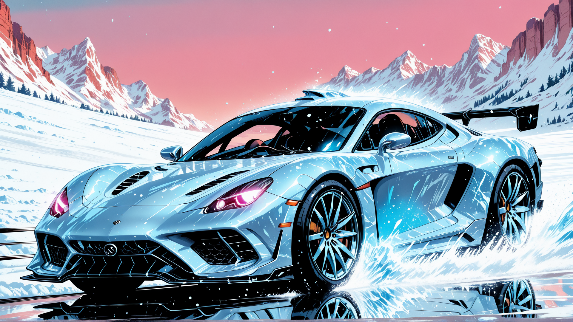 AI generated wallpaper featuring car, mountains, snow