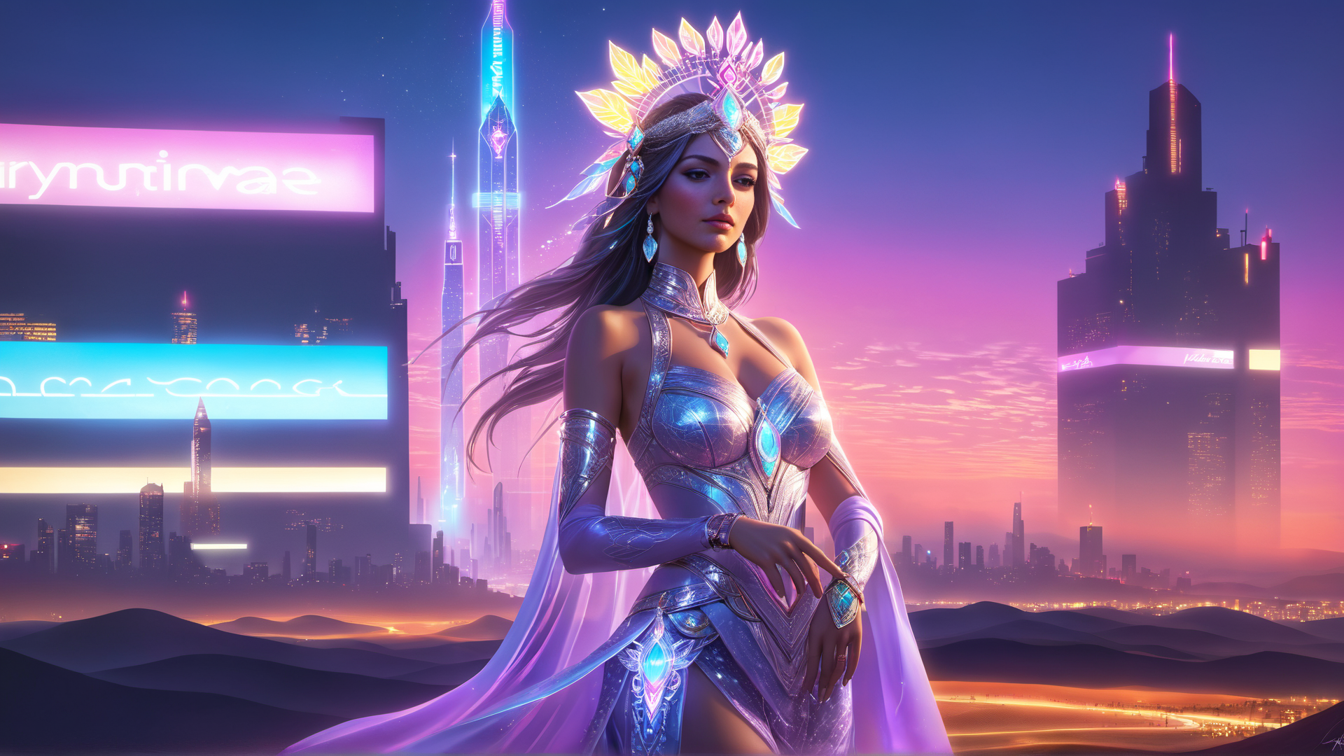 AI generated wallpaper featuring queen, futuristic, city