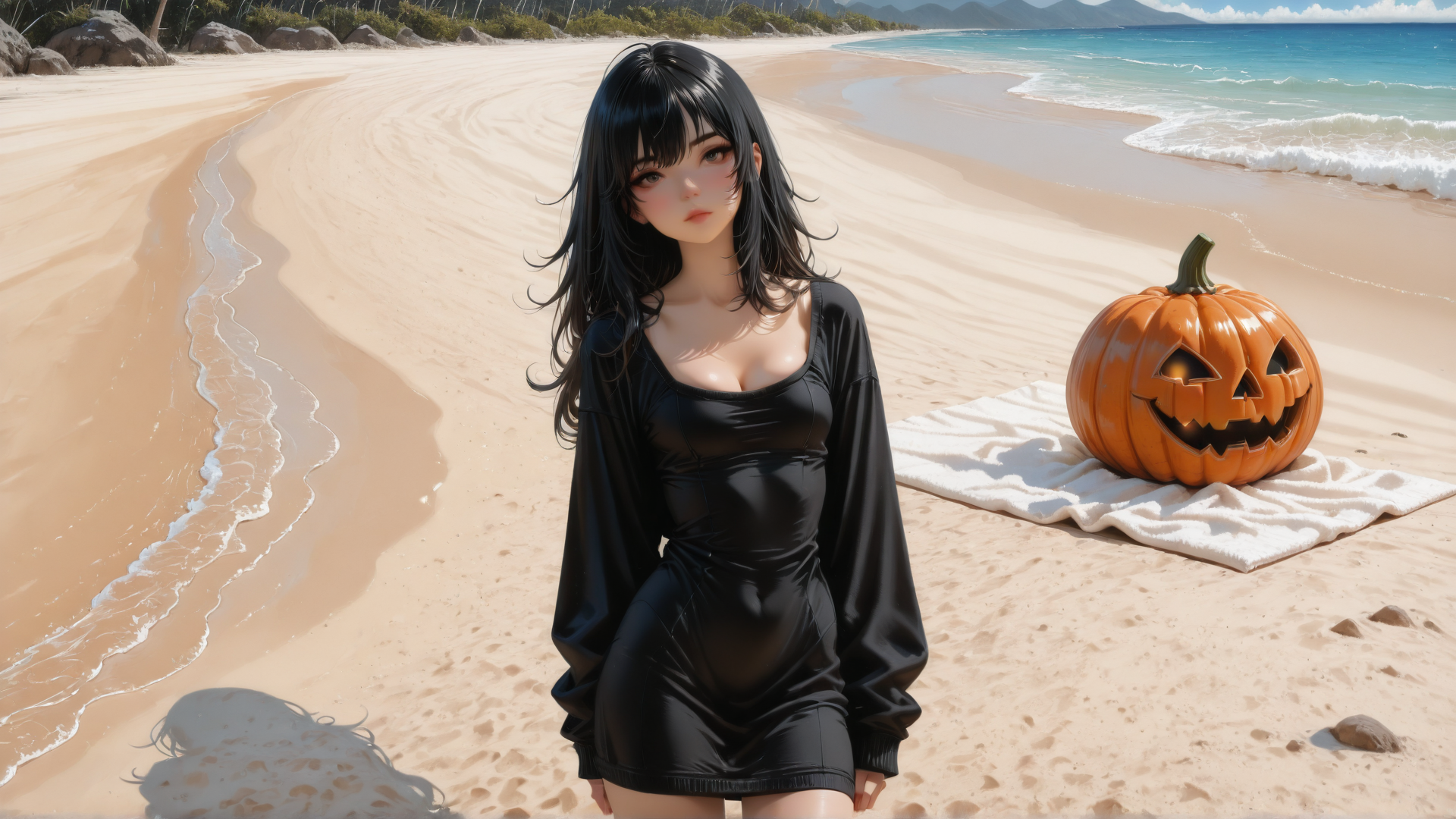 AI generated wallpaper featuring girl, pumpkin, beach, towel, sand, ocean, rock, wave, trees, mountain