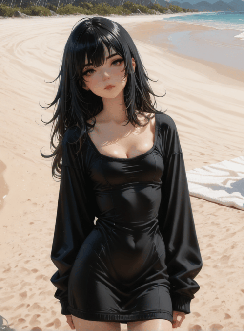 girl, pumpkin, beach, towel, sand, ocean, rock, wave, trees, mountain