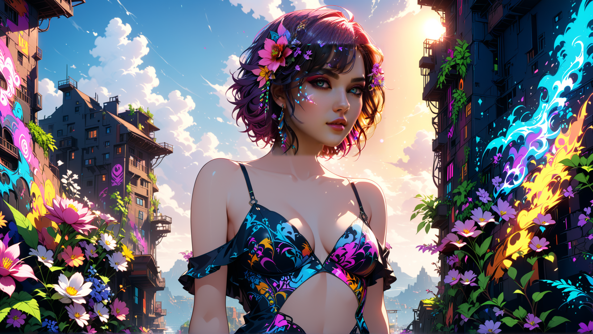 AI generated wallpaper featuring woman, flowers, city