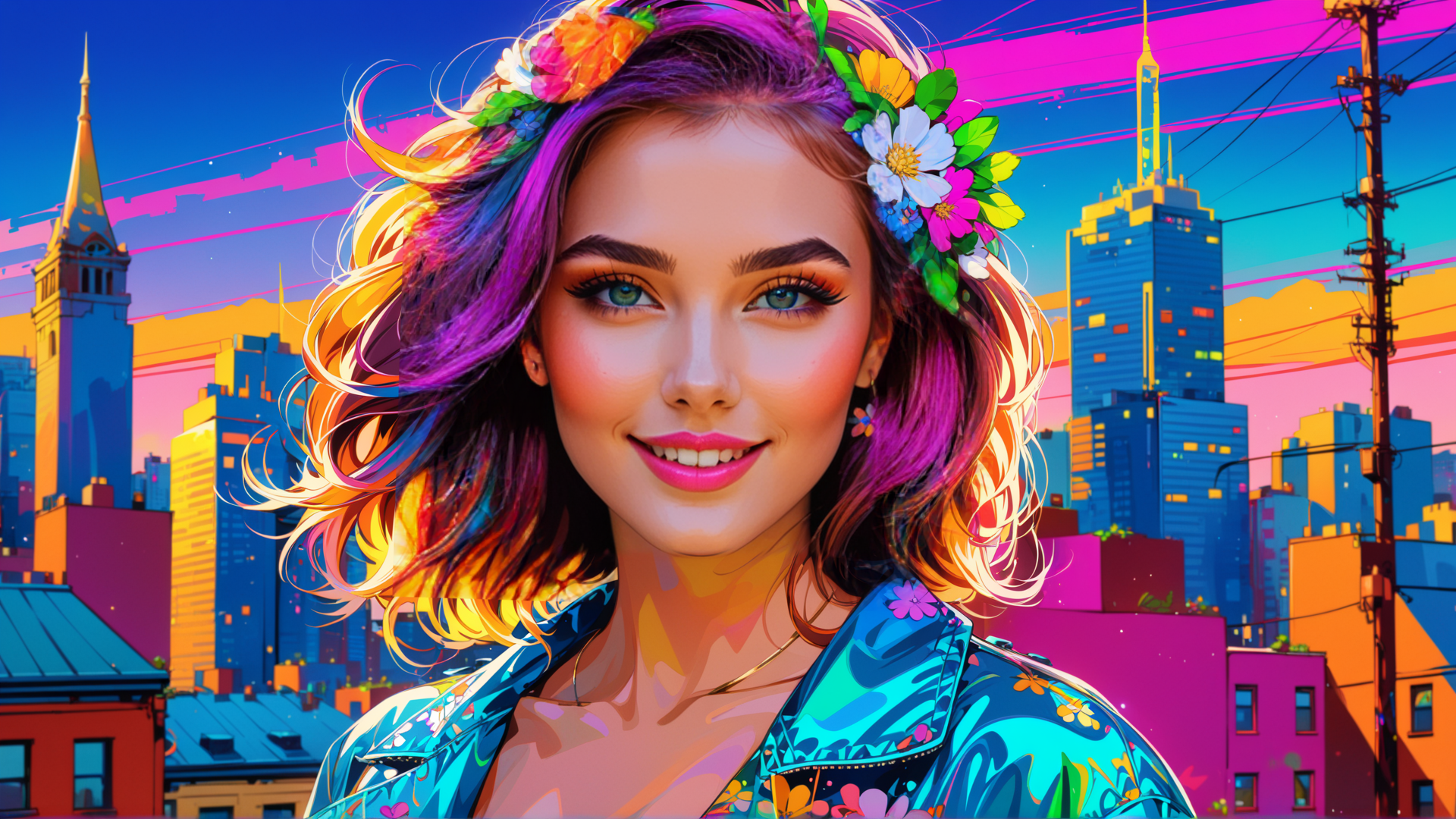 AI generated wallpaper featuring woman, cityscape, flowers