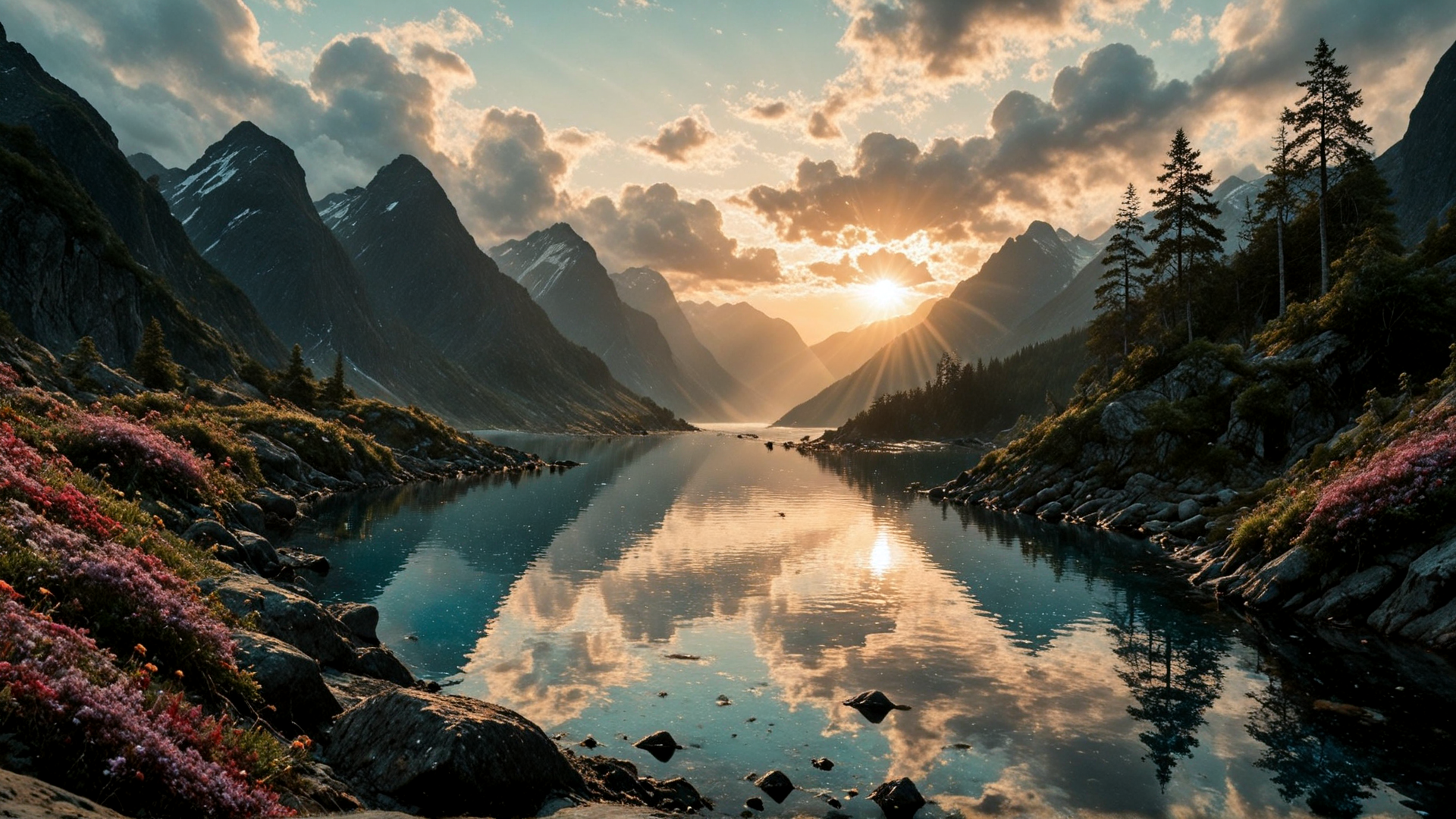 AI generated wallpaper featuring mountains, lake, sun, clouds, trees, flowers, rocks