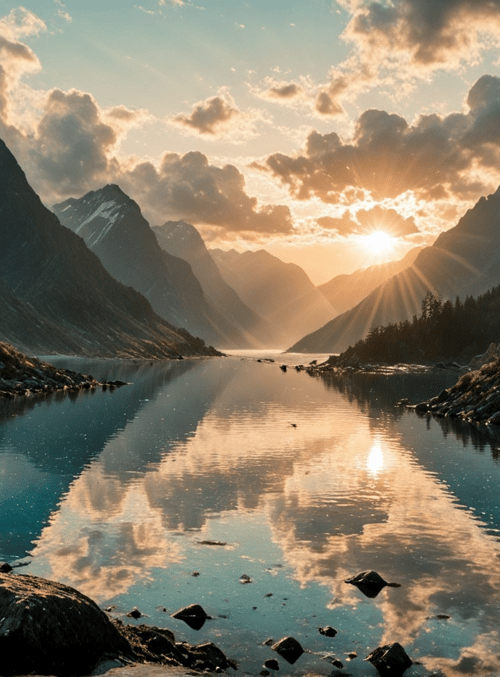 mountains, lake, sun, clouds, trees, flowers, rocks