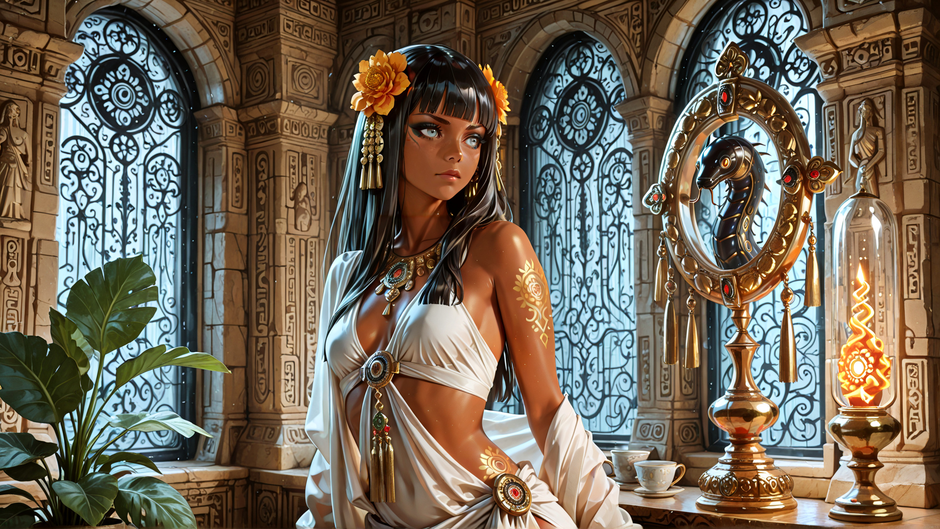AI generated wallpaper featuring woman, mirror, plant, candle, statue, flowers, cups, ornament, tassels, carvings