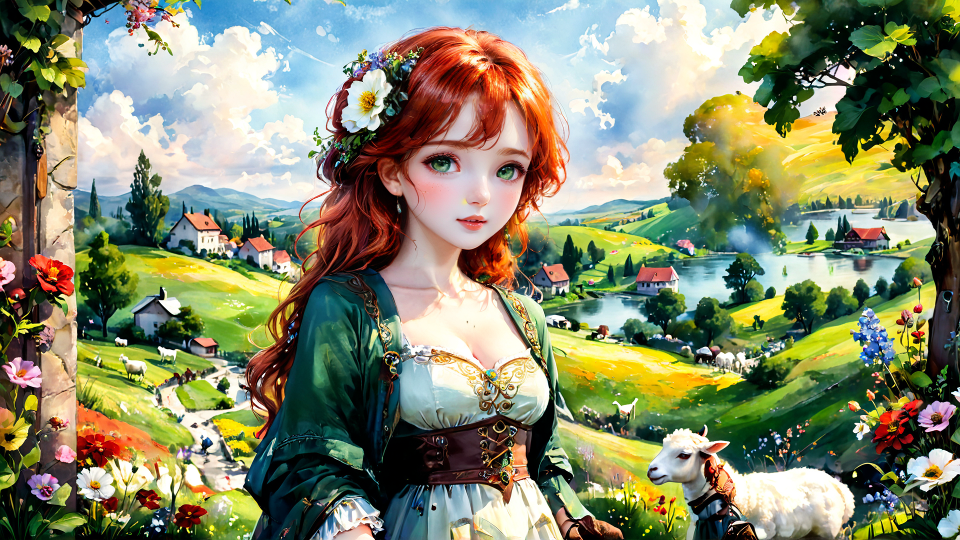 AI generated wallpaper featuring woman, sheep, landscape